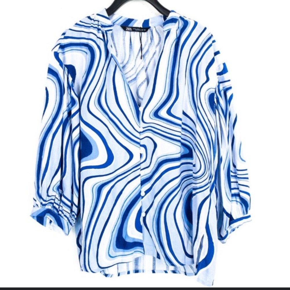 Zara linen/viscose blue white dramatic swirl full sleeve v-neck blouse Sz XS